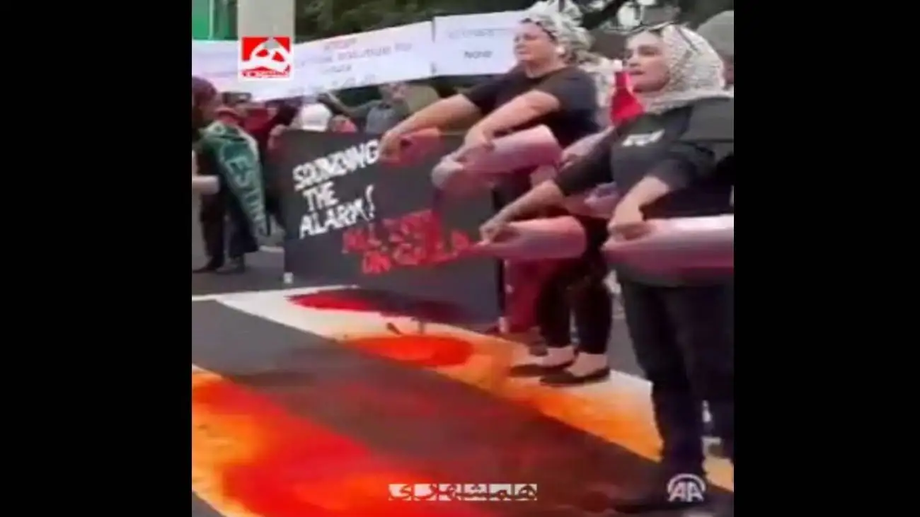 دست های خونین رو به دوربین رسانه ها + ویدئو  -  متفاوت ترین حرکت حامیان فلسطین در آمریکا