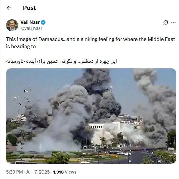ولی نصر: با انتشار این تصویر نوشت:این چهره از دمشق…و نگرانی عمیق برای آینده خاورمیانه - عکس