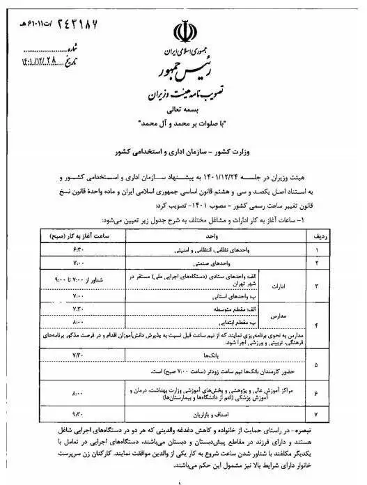 ساعت کاری ادارات، بانک ها, مدارس و دانشگاه ها از 16 فروردین