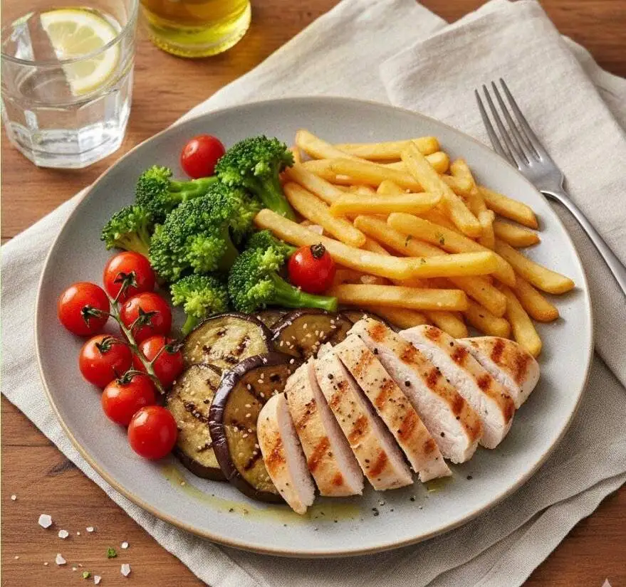 یک بشقاب سبزیجات کبابی + یک نوع سالاد فقط با چند قطره روغن