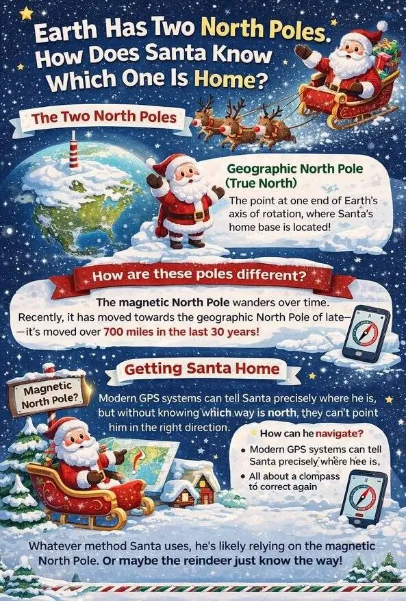 وقتی دو قطب شمال داریم! - راز مسیریابی بابانوئل در دنیایی با دو قطب شمال