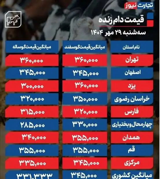 قیمت دام زنده امروز 29 مهر 1404 - گوسفند زنده باز هم گران شد+ جدول